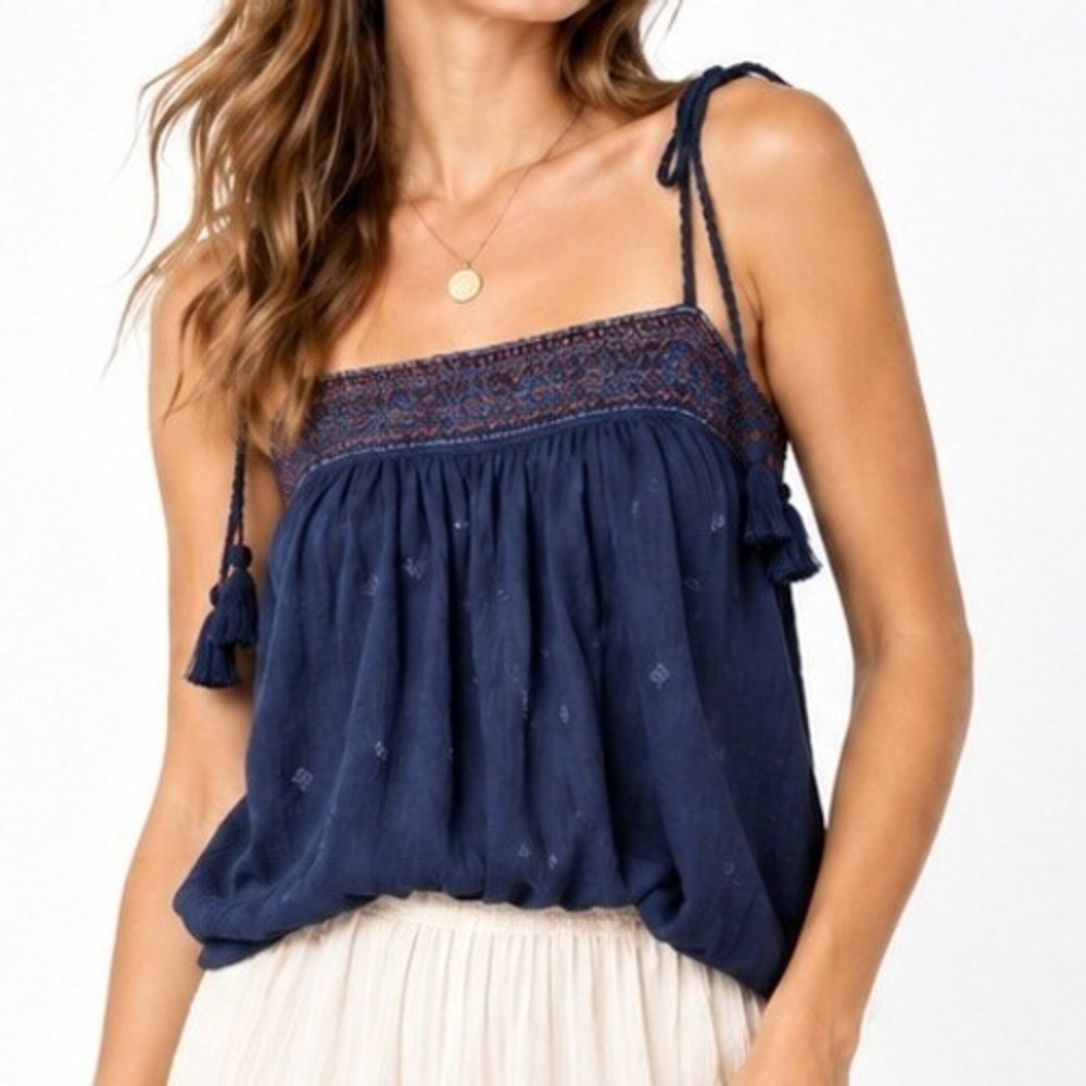 Free People Women's Tank Top Navy Size S Boho Embroidered Tassel Strappy cami